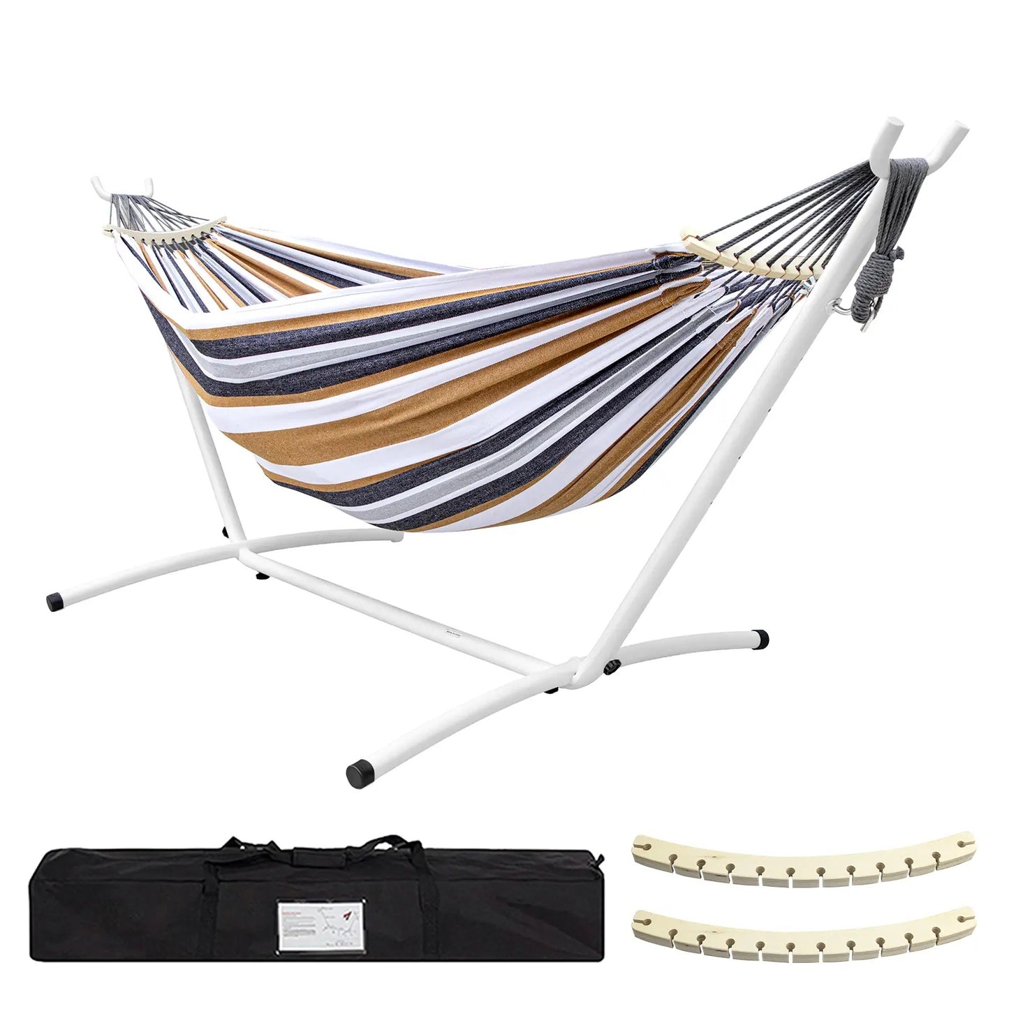 All-in-One Hammock Set Equipped with Heavy Steel Frame Stand 450lb Load Capacity, Premium Portable Carry Bag & Pair of Anti-Roll Balance Support Beams