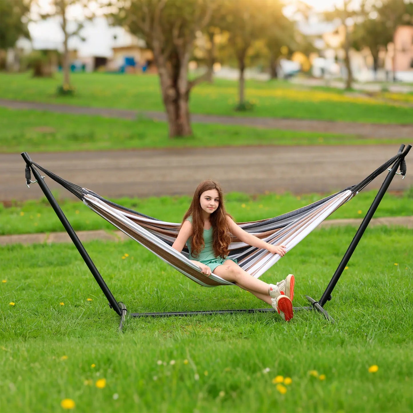 All-in-One Hammock Set Equipped with Heavy Steel Frame Stand 450lb Load Capacity, Premium Portable Carry Bag & Pair of Anti-Roll Balance Support Beams
