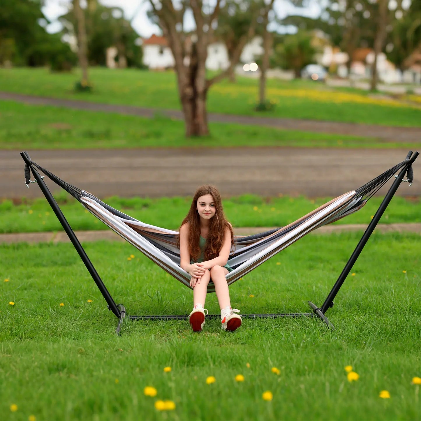 All-in-One Hammock Set Equipped with Heavy Steel Frame Stand 450lb Load Capacity, Premium Portable Carry Bag & Pair of Anti-Roll Balance Support Beams