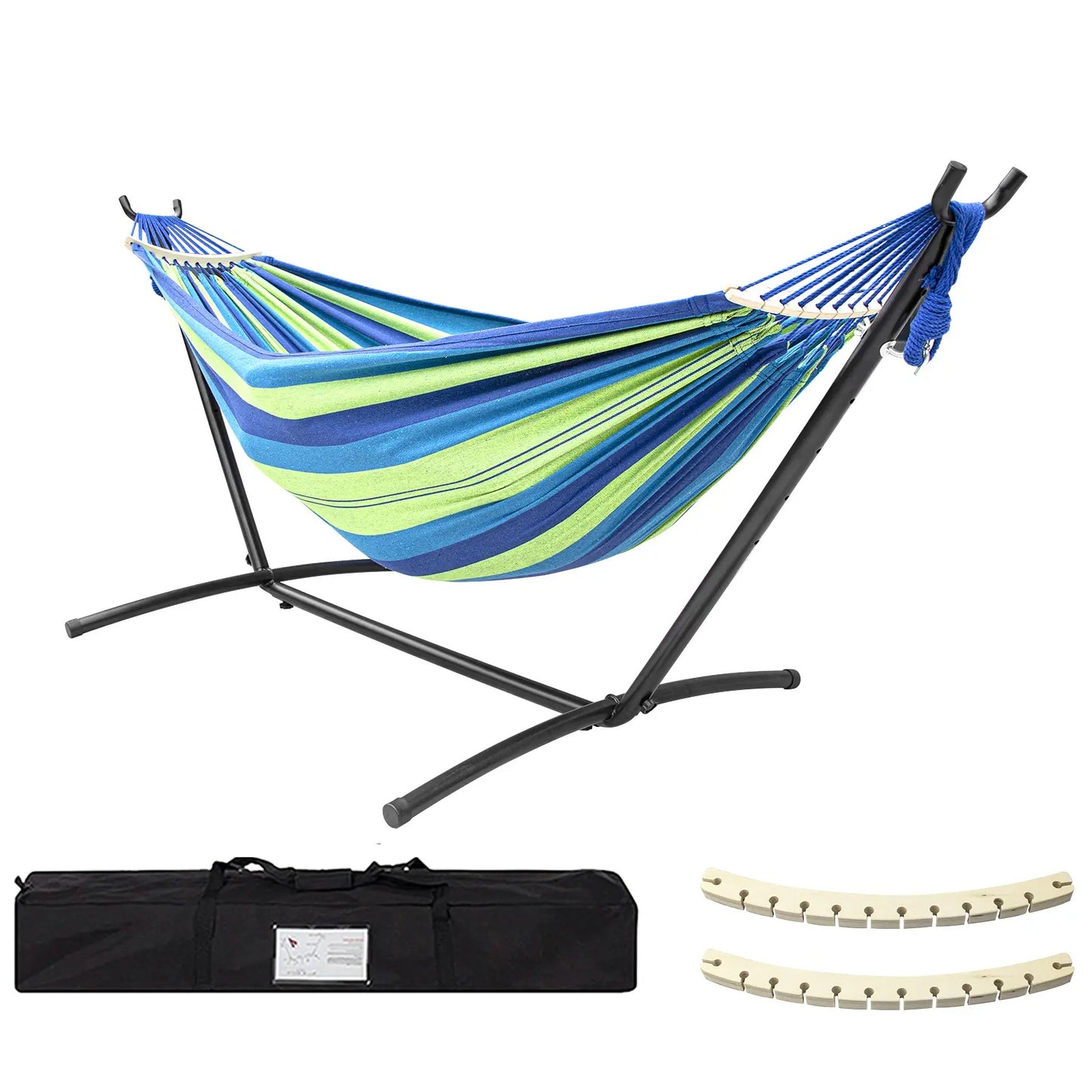 All-in-One Hammock Set Equipped with Heavy Steel Frame Stand 450lb Load Capacity, Premium Portable Carry Bag & Pair of Anti-Roll Balance Support Beams