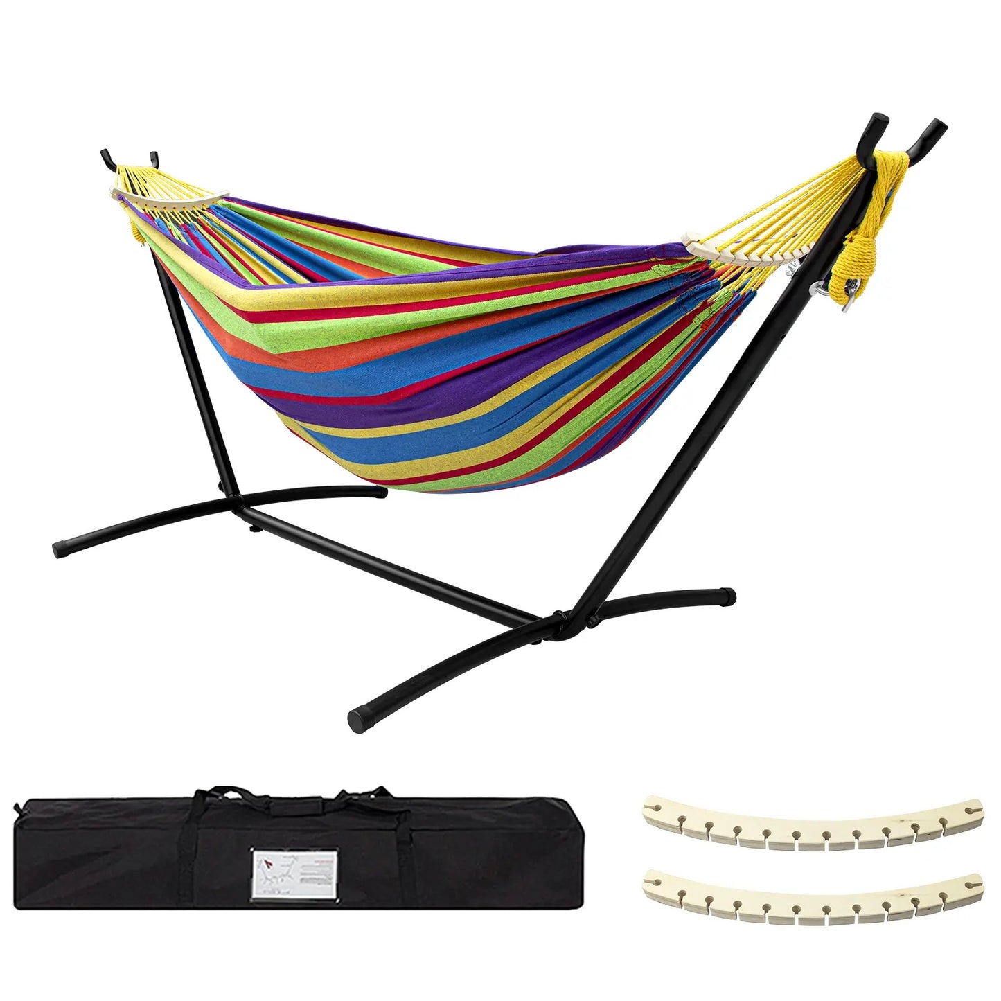All-in-One Hammock Set Equipped with Heavy Steel Frame Stand 450lb Load Capacity, Premium Portable Carry Bag & Pair of Anti-Roll Balance Support Beams