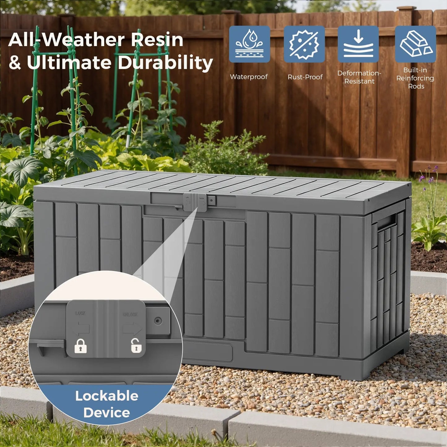 Waterproof 60 Gallon Patio Deck Box, UV‑Resistant Lockable Resin Storage Chest for Outdoor Cushions & Gardening Supplies