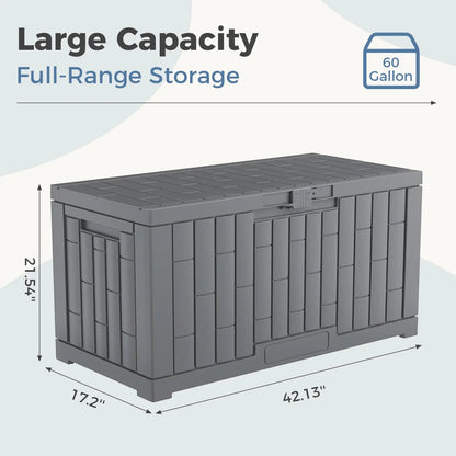 Waterproof 60 Gallon Patio Deck Box, UV‑Resistant Lockable Resin Storage Chest for Outdoor Cushions & Gardening Supplies