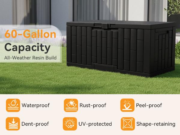Waterproof 60 Gallon Patio Deck Box, UV‑Resistant Lockable Resin Storage Chest for Outdoor Cushions & Gardening Supplies