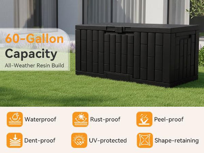 Waterproof 60 Gallon Patio Deck Box, UV‑Resistant Lockable Resin Storage Chest for Outdoor Cushions & Gardening Supplies